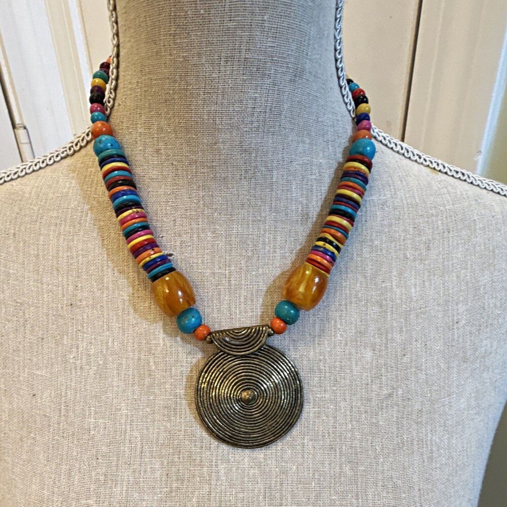 Handcrafted Multicolor Beaded Necklace Brass Round Charm Pendant 18 in Hook